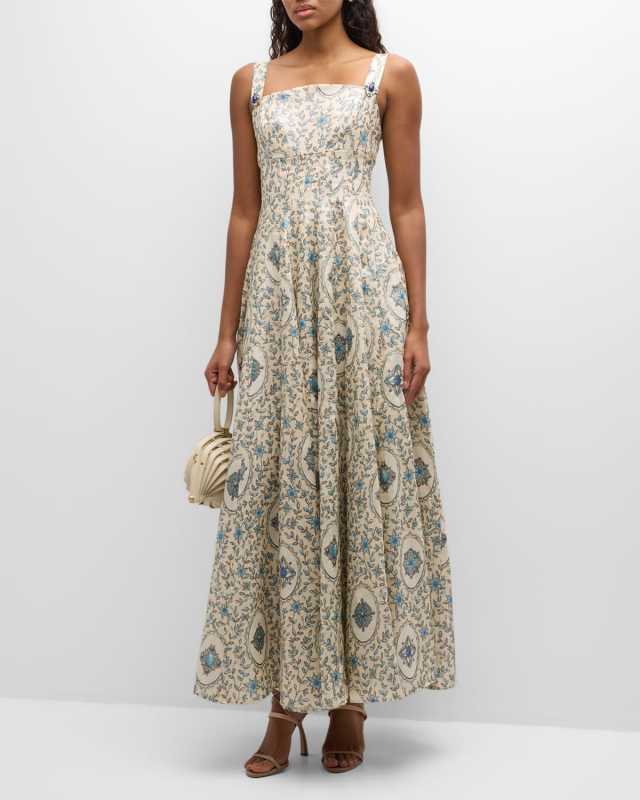 Aguamarina Platero Floral Linen Maxi Pinafore Dress